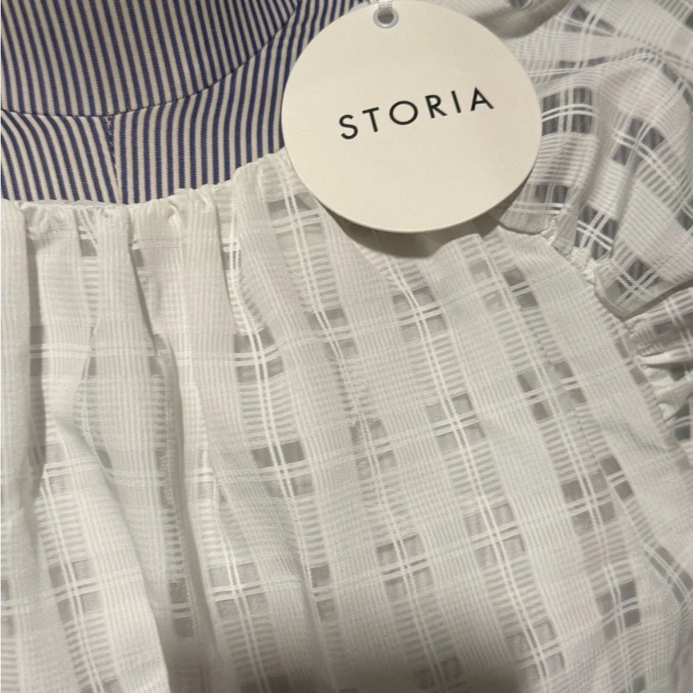 Storia Ivory Plaid Blouse Balloon Sleeve Cropped Elastic Waist. Romantic! - Picture 4 of 4